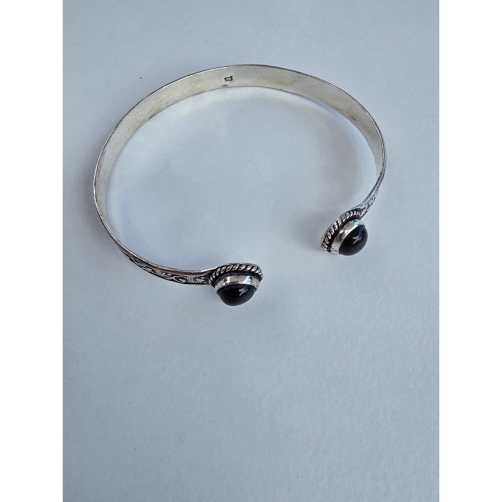 Vintage 925 Sterling Silver Black Onyx Filigree Cuff Bracelet Bohemian 7.5in